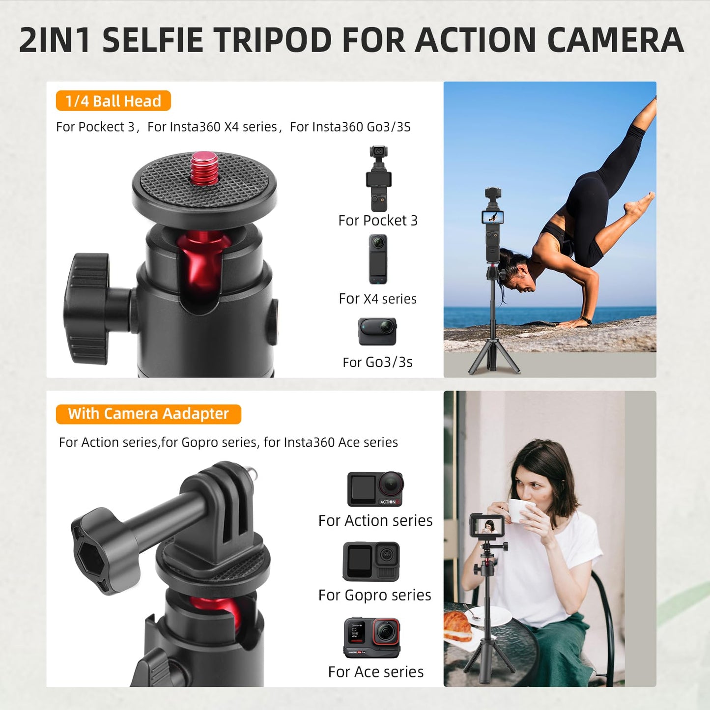 Flymile Mini Tabletop Tripod for Osmo Pocket 3, Portable Vlog Extendable Selfie Stick Stand for GoPro, for DJI Osmo Action 5 Pro/4/3, for Insta360, for AKASO Action Camera Accessories(Black)