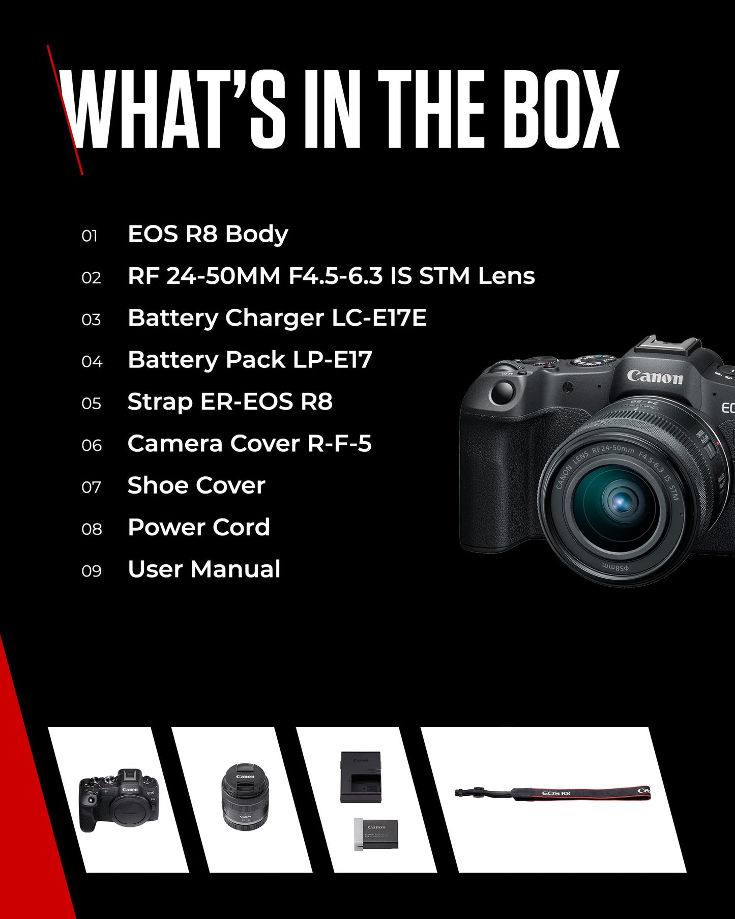 Canon EOS R8 + RF 24-50mm F4.5-6.3 IS STM Lens - 24.2MP Full-Frame Mirrorless Camera, Dual Pixel CMOS AF II - 4K up to 60p - Up to 40 FPS Cont. Shooting, Touch Screen - Bluetooth, Wi-Fi & USB-C