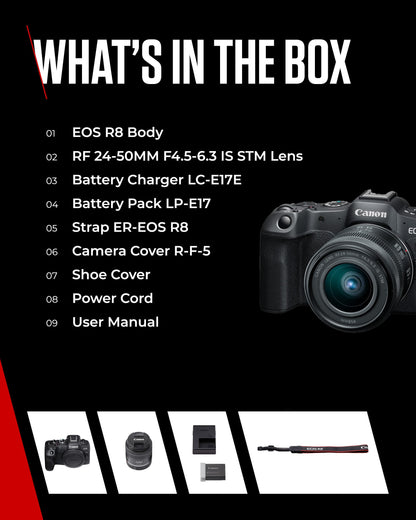 Canon EOS R8 + RF 24-50mm F4.5-6.3 IS STM Lens - 24.2MP Full-Frame Mirrorless Camera, Dual Pixel CMOS AF II - 4K up to 60p - Up to 40 FPS Cont. Shooting, Touch Screen - Bluetooth, Wi-Fi & USB-C