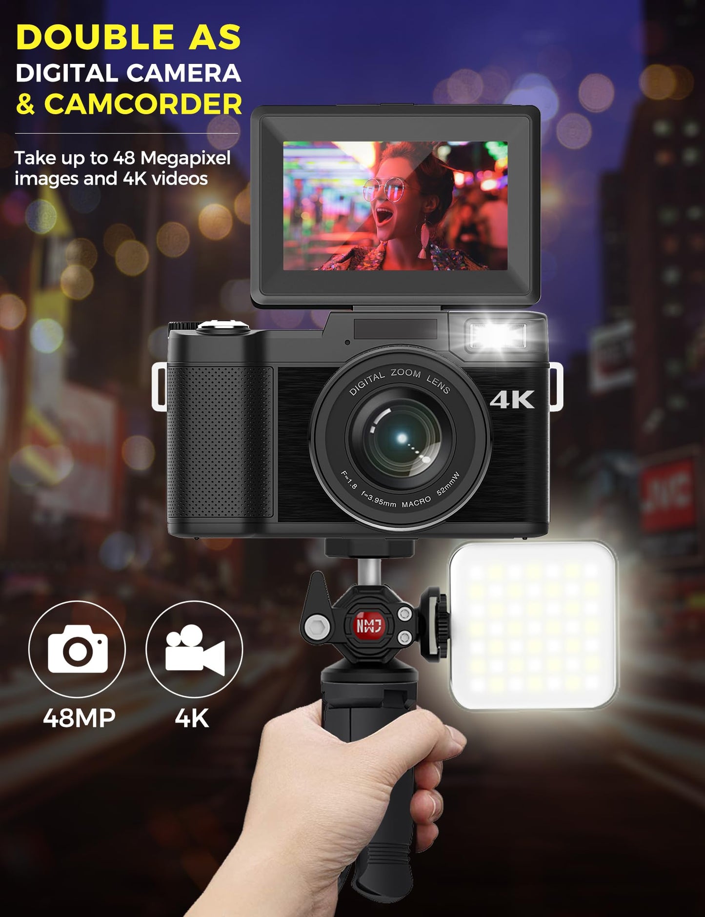 Digital Camera 4K 48MP Autofocus Full HD Vlogging Camera for YouTube Flip Screen Compact Camera