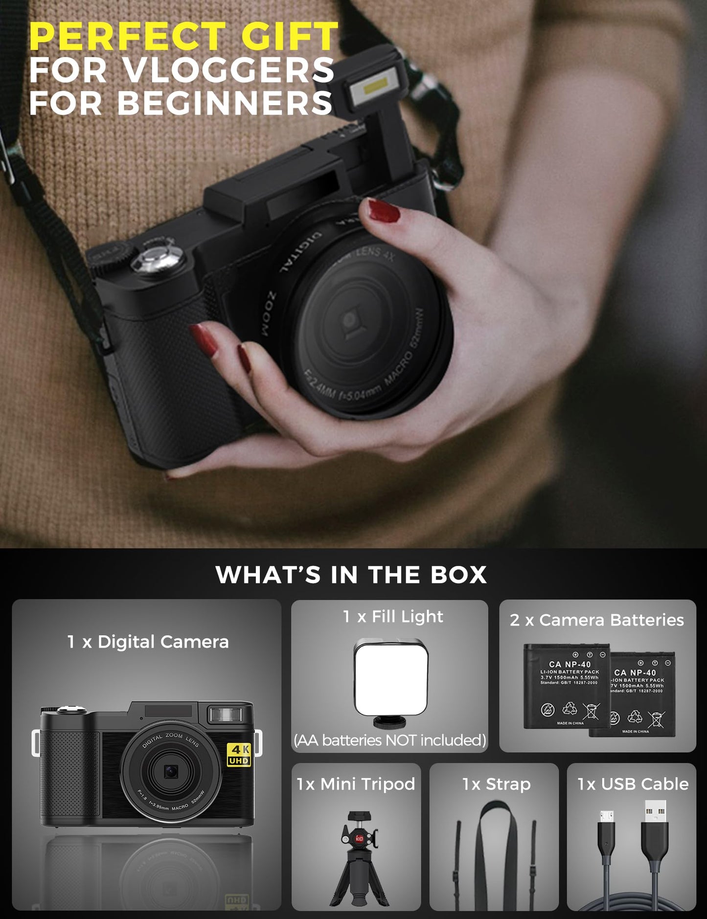 Digital Camera 4K 48MP Autofocus Full HD Vlogging Camera for YouTube Flip Screen Compact Camera