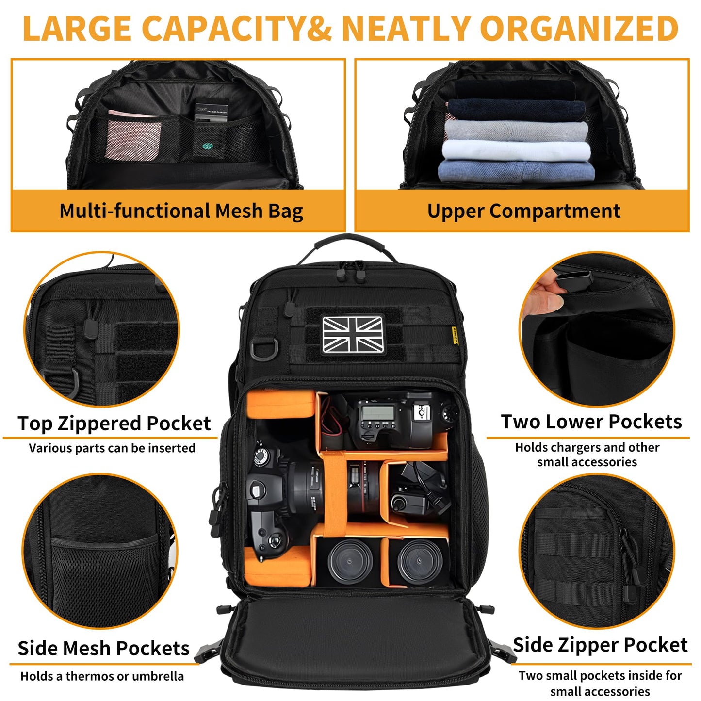 BQKOZFIN Camera Backpack, Waterproof Camera Bag with 15.6" Laptop Compartment, Removable Padded Insert, Large Photography Backpack for DSLR SLR Canon Nikon Sony Cameras (Black)